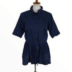 Zapelle Navy Blue Anchor Print Button Front Drawstring Waist Top XL